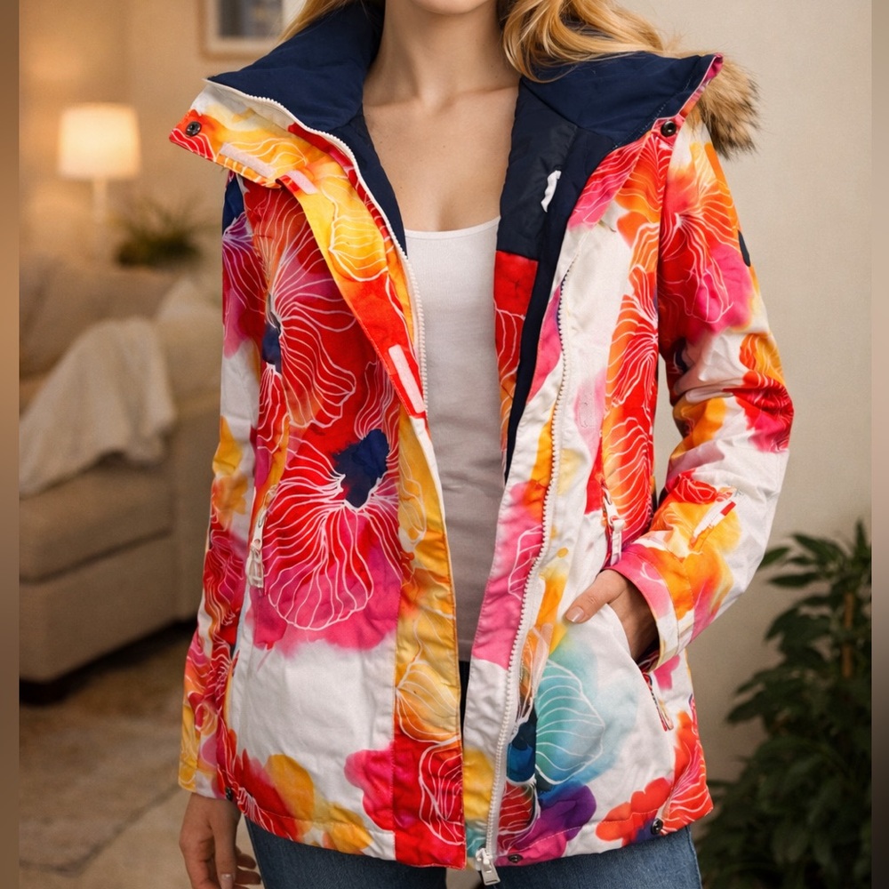 Roxy Floral Multi-Color Ski Jacket with Navy Trim